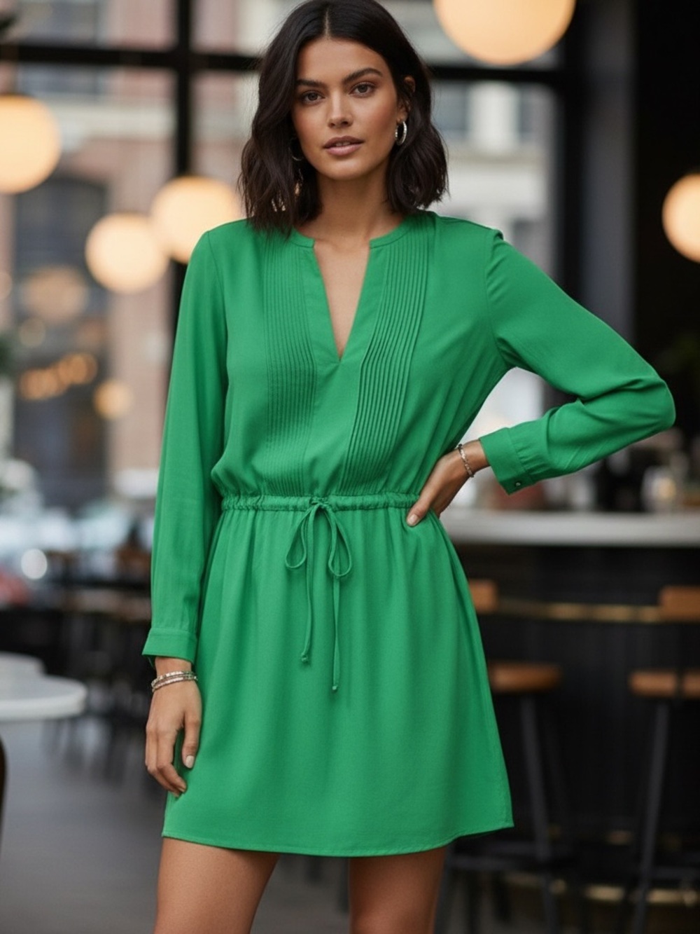 Diane Von Furstenberg Green V-Neck Drawstring Mini Dress